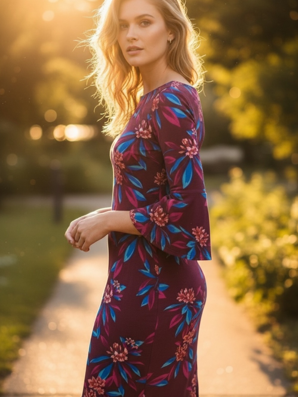 Calvin Klein Plum Floral 3/4 Bell Sleeve Shealth Dress Wedding Guest